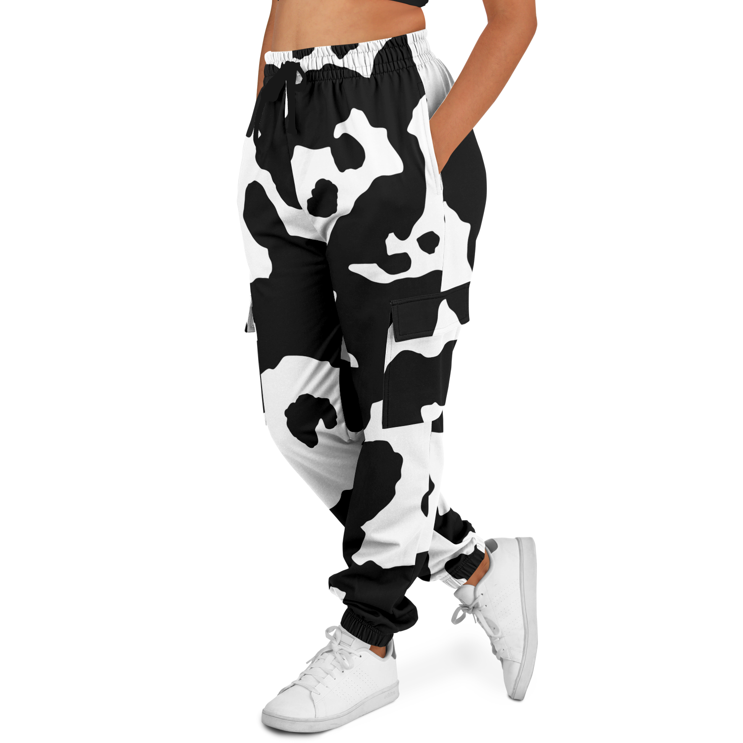 Camo Cargo Pants | Unisex | Black & White Cow Camouflage