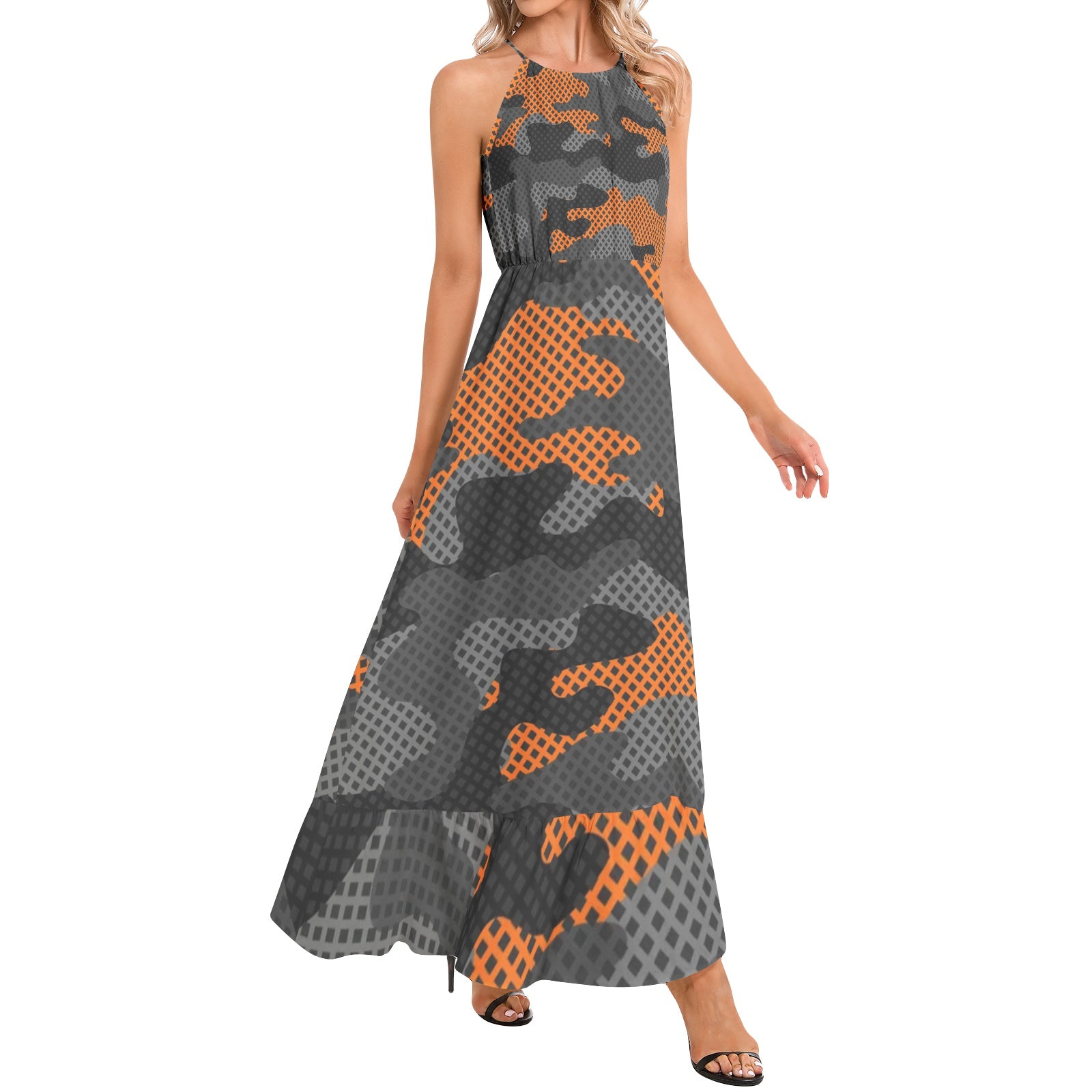 Camo Maxi Dress | Black and Orange Pixel Camouflage | Ruffle Hem