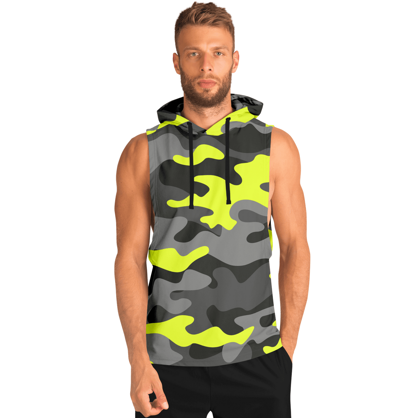 Sleeveless Hoodie | Black, Gray & Yellow Camouflage