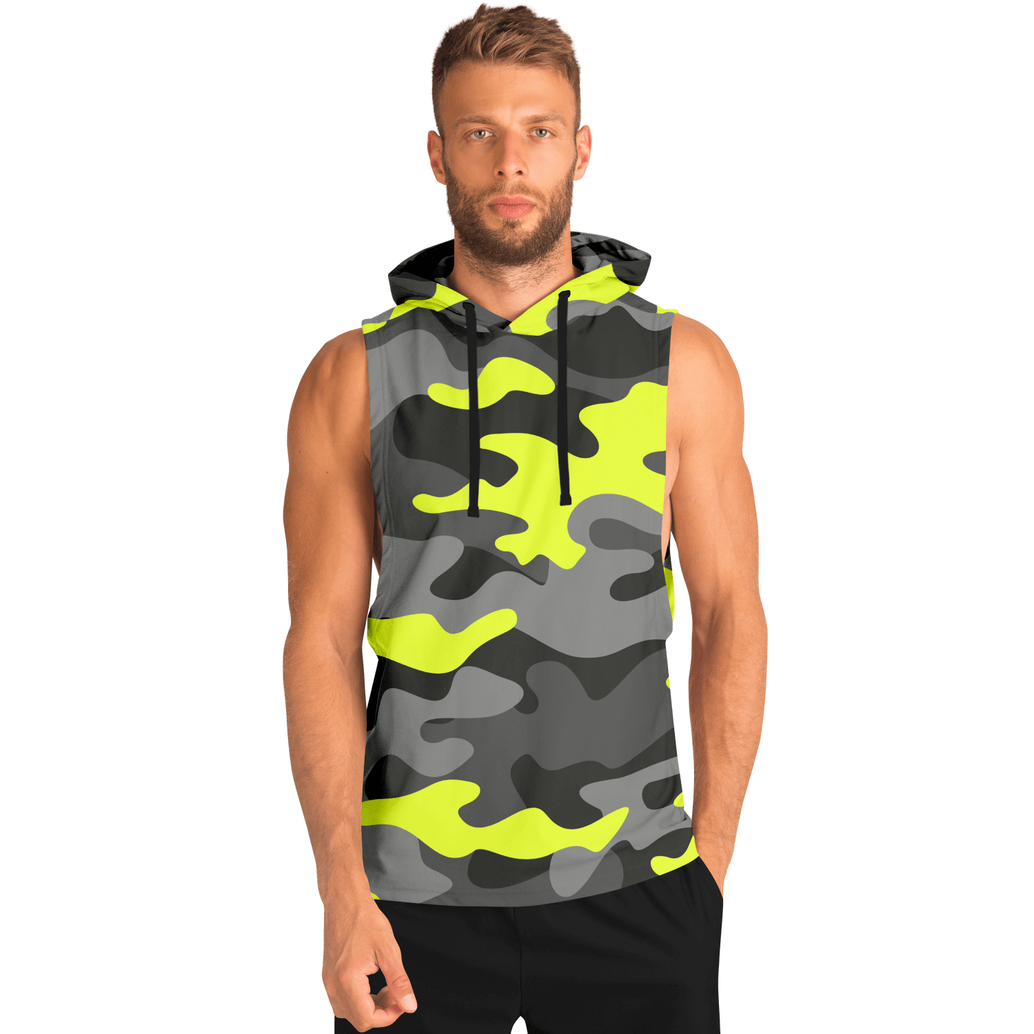 Sleeveless Hoodie | Black, Gray & Yellow Camouflage