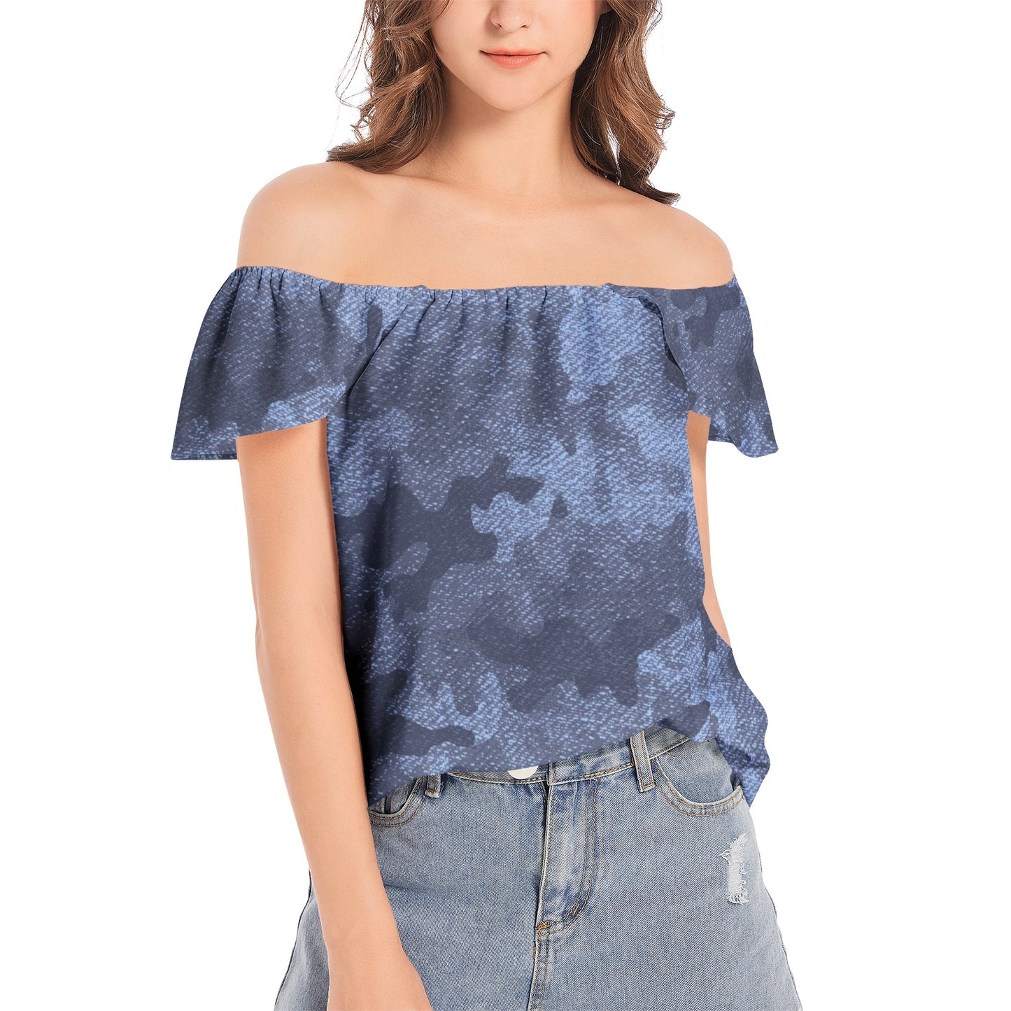 Off The Shoulder Camo Top | Denim Blue Camouflage