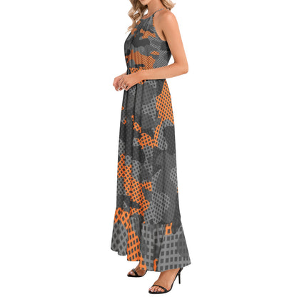 Camo Maxi Dress | Black and Orange Pixel Camouflage | Ruffle Hem