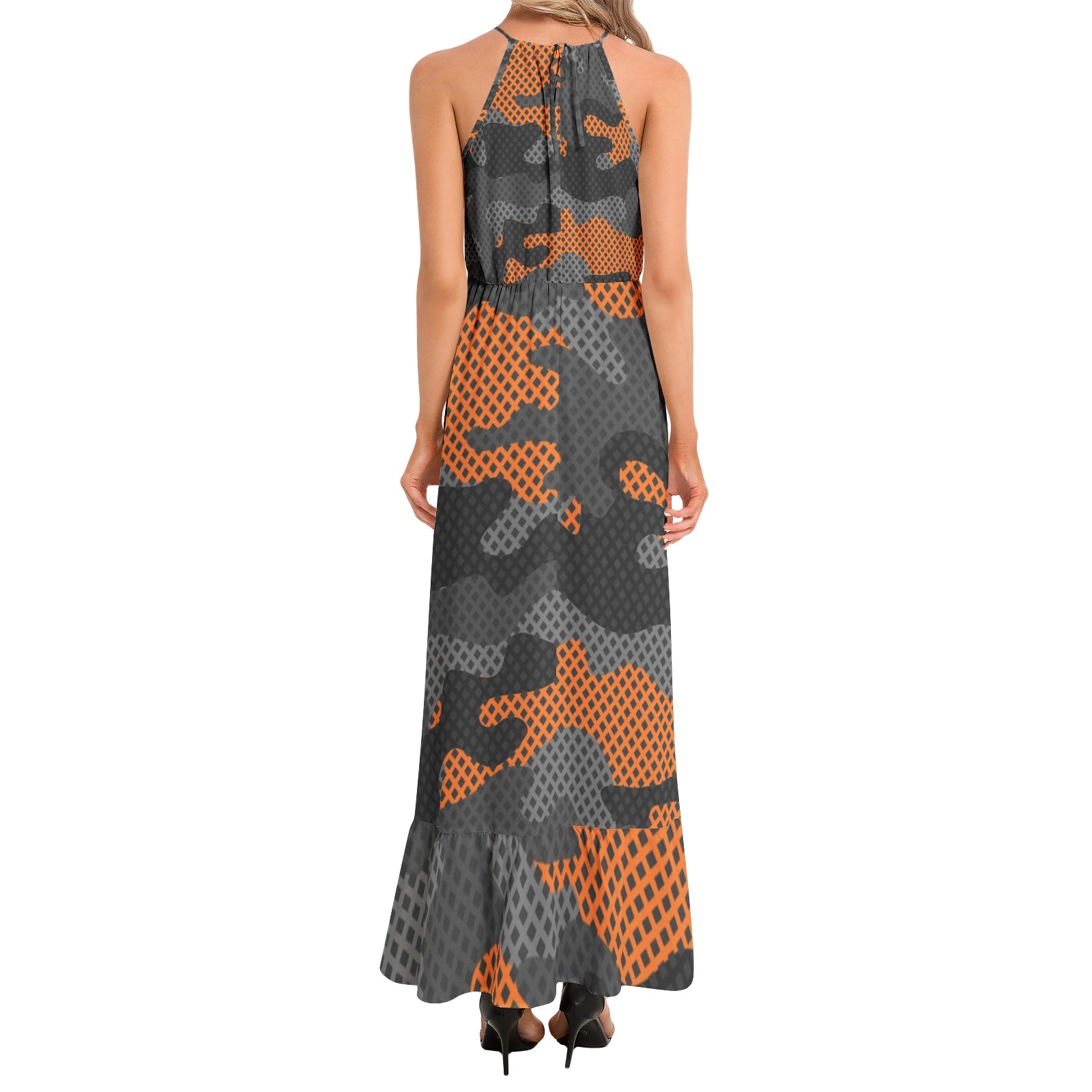 Camo Maxi Dress | Black and Orange Pixel Camouflage | Ruffle Hem