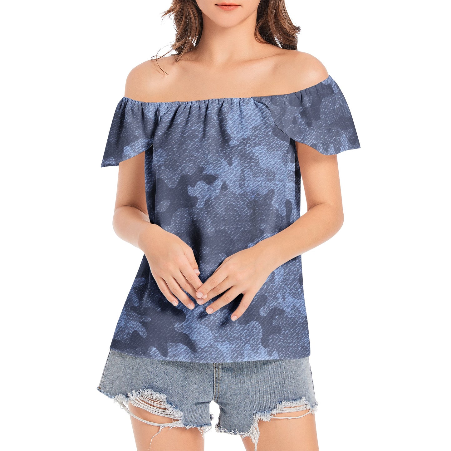 Off The Shoulder Camo Top | Denim Blue Camouflage