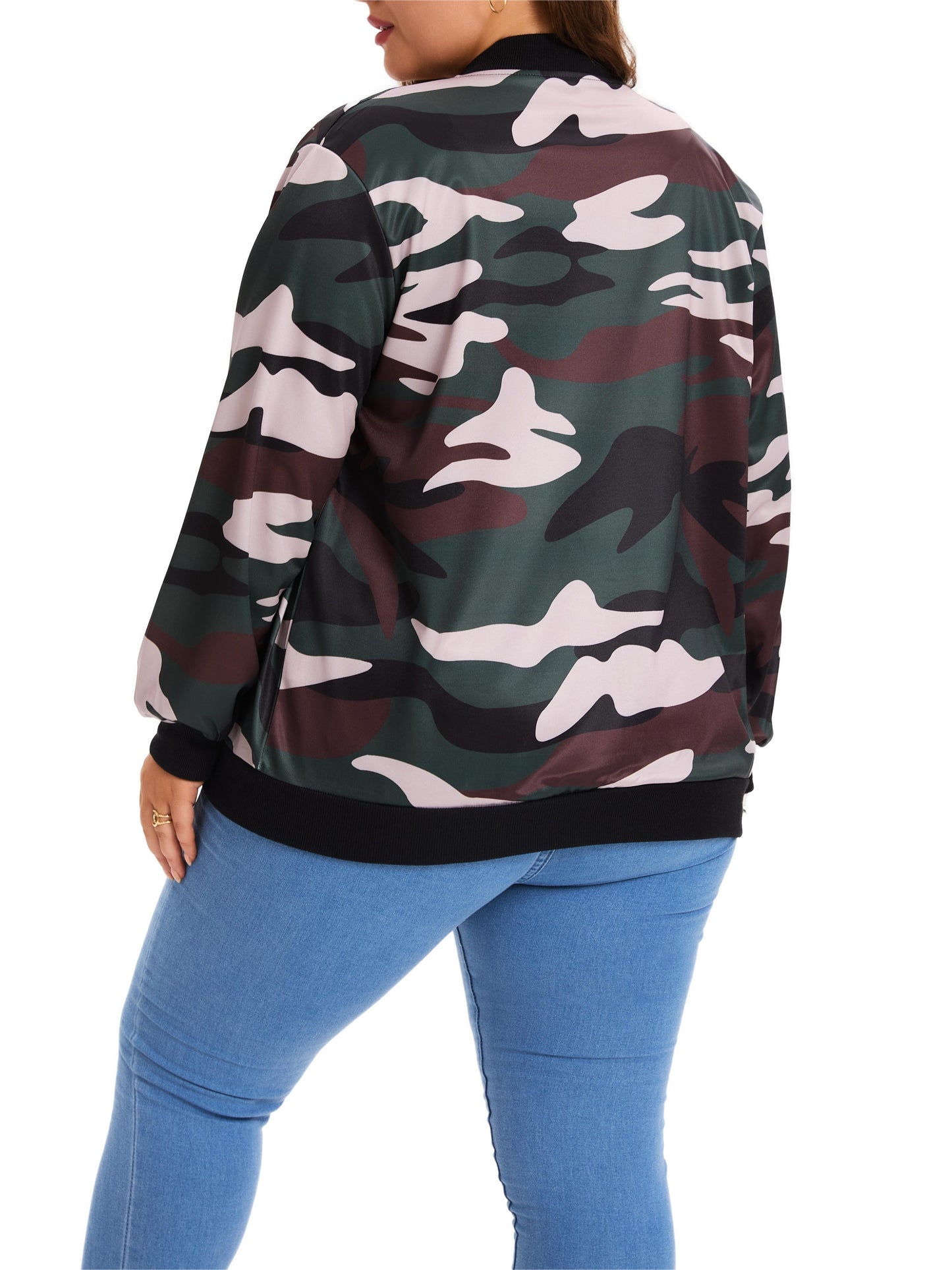 Plus Size Camo Coat | Casual Long Sleeves with Zipper