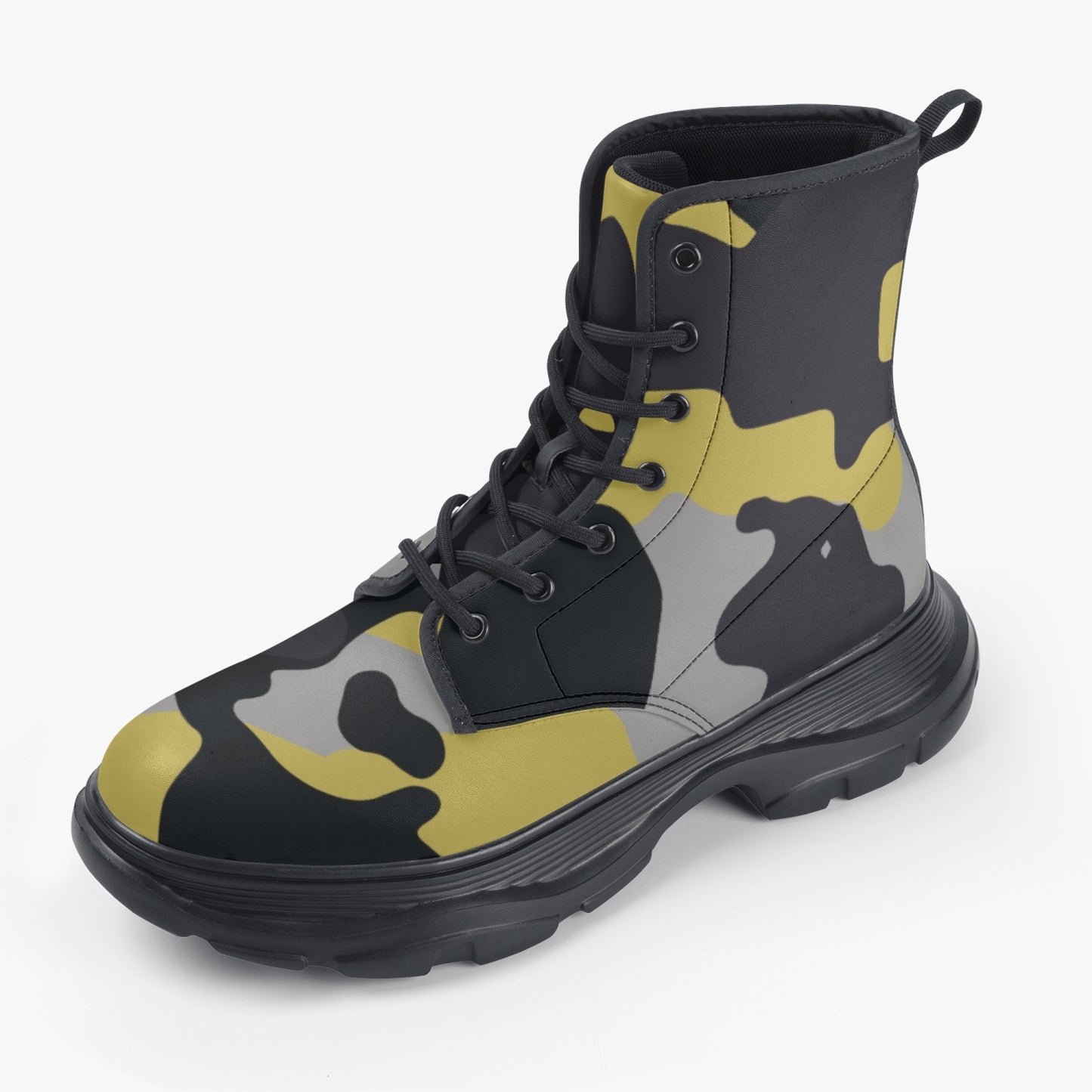 Chunky Boots | Leather in Yellow, Black & Silver Camouflage