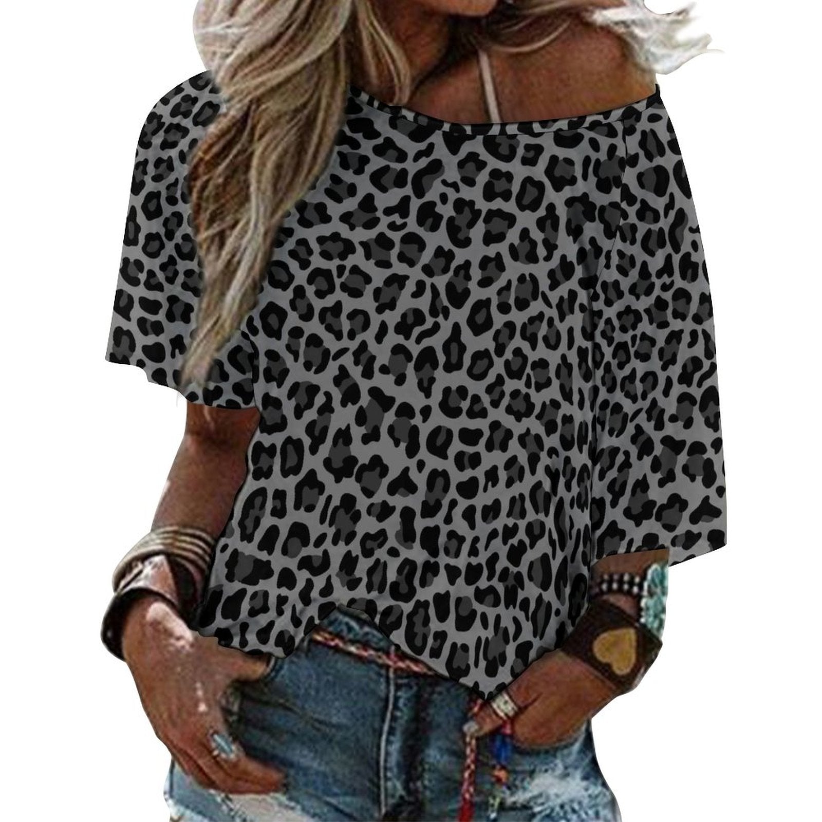 Off The Shoulder Top | Gray and Black Leopard Print