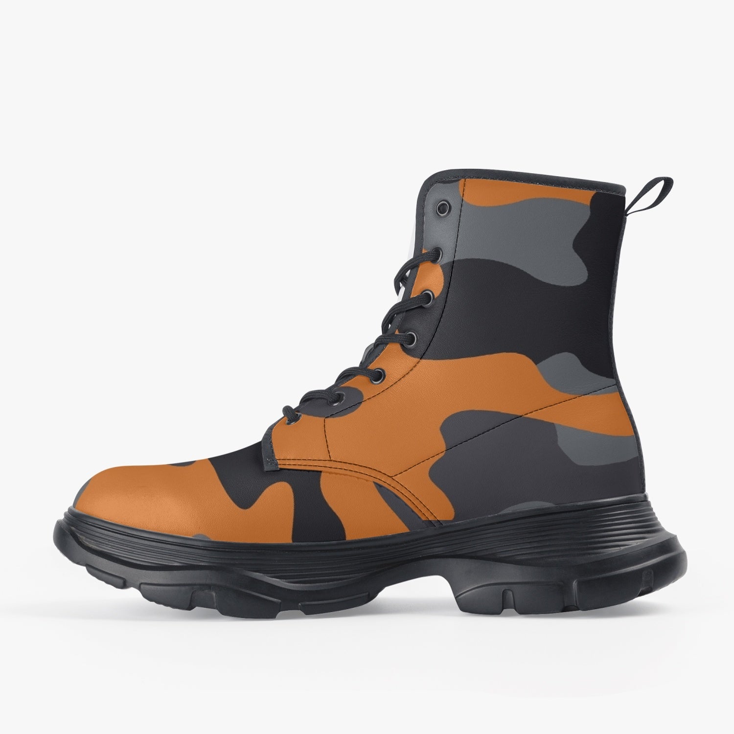 Chunky Boots | Leather in Orange, Black, & Gray Camouflage