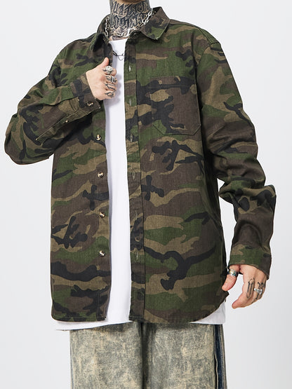 Men's Green Camo Denim Shirt | Long Sleeve Button Up Shirt