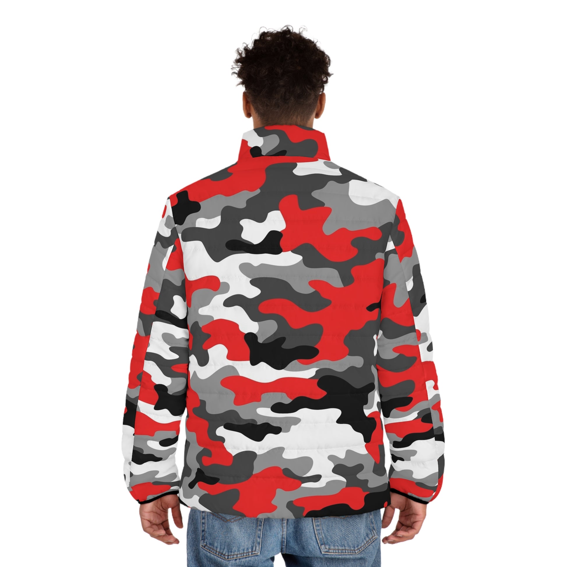 Camo Puffer Jacket For Men | Mixed Red, Gray, Black & White