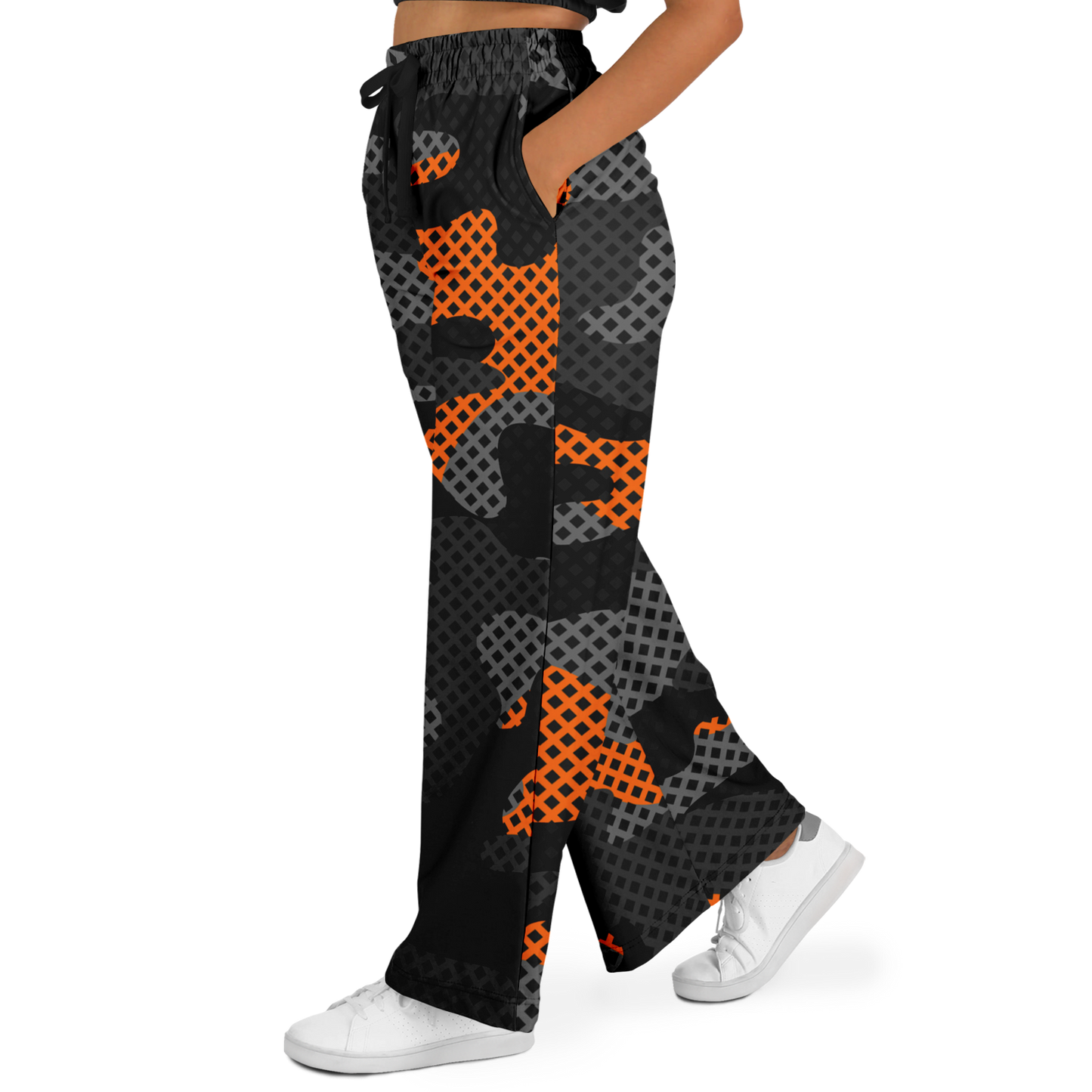 Camo Wide Leg Pants For Women | Black & Orange Pixel Pattern