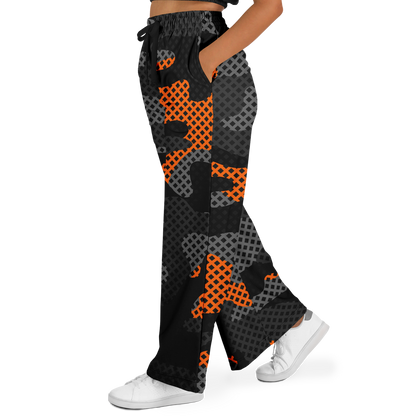 Camo Wide Leg Pants For Women | Black & Orange Pixel Pattern