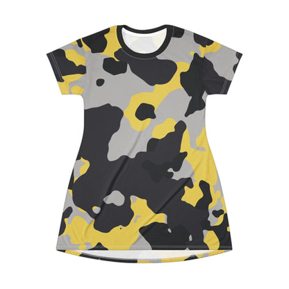 Camo T-Shirt Dress | Yellow, Black, and Silver Camouflage