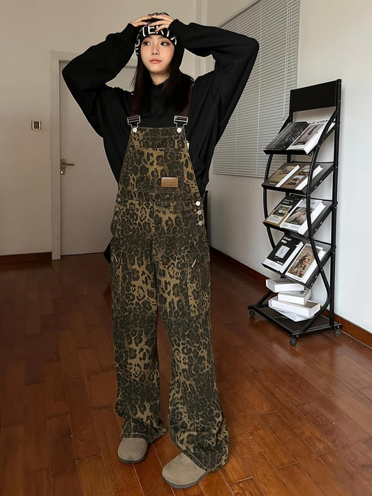 Vintage Leopard Print Denim Overalls for Women | Wide Leg, Loose Fit