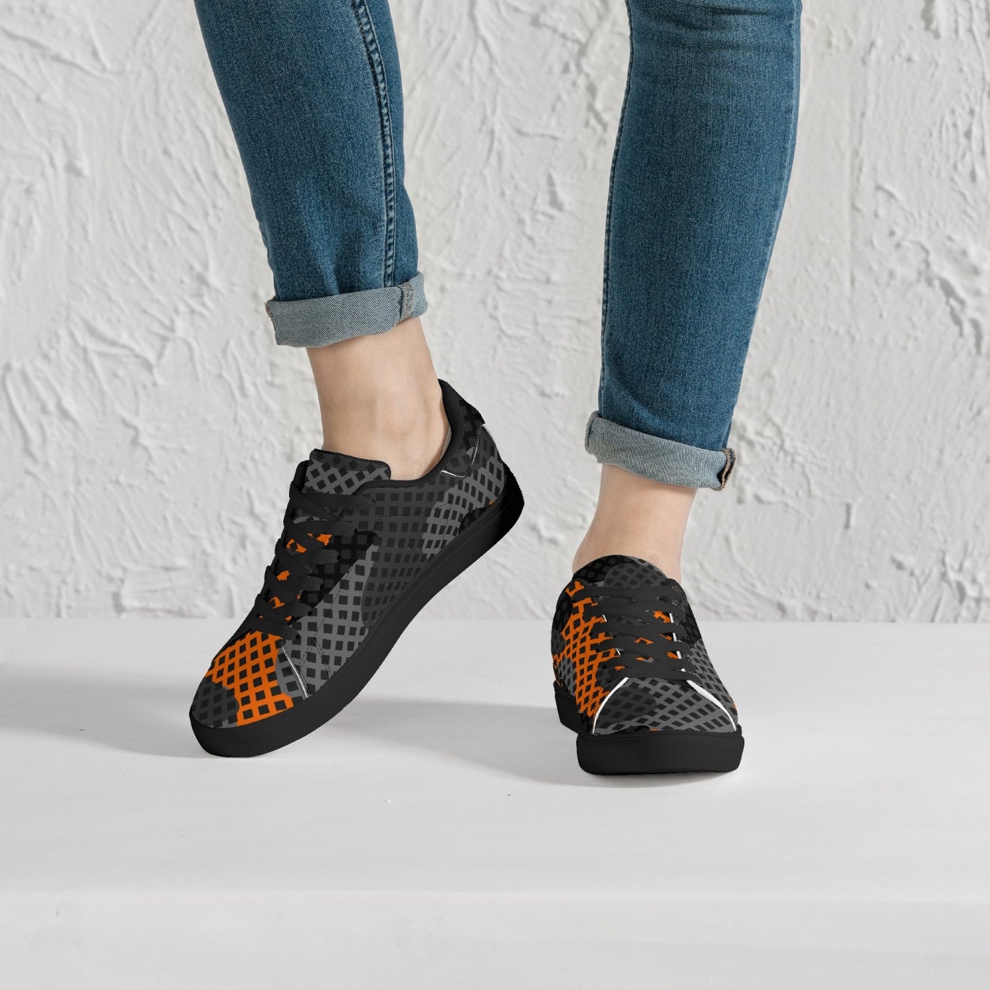 Camo Sneakers | Classic Low-Top Leather | Orange & Black Pixel