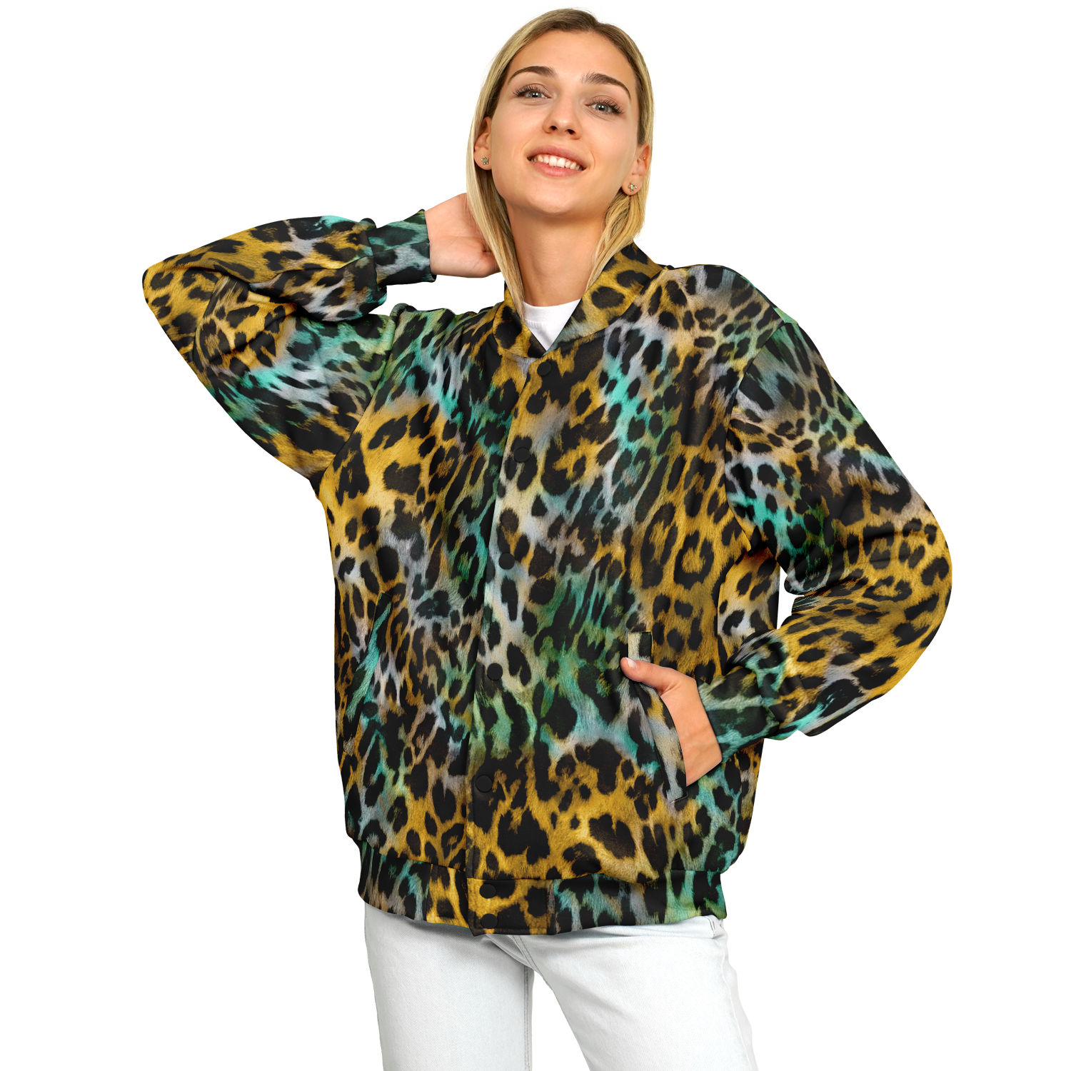 Baseball Jacket in Yellow and Blue Leopard Print