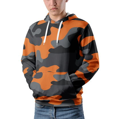 Men's Pullover Hoodie | Orange, Black and Gray Camouflage