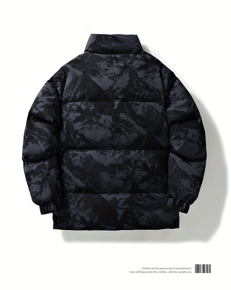 Men's Camo Hooded Puffer Jacket with Zip-Up Front