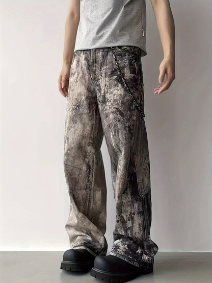 Camo Splatter Print Distressed Low-Rise Wide-Leg Jeans | Cotton Blend