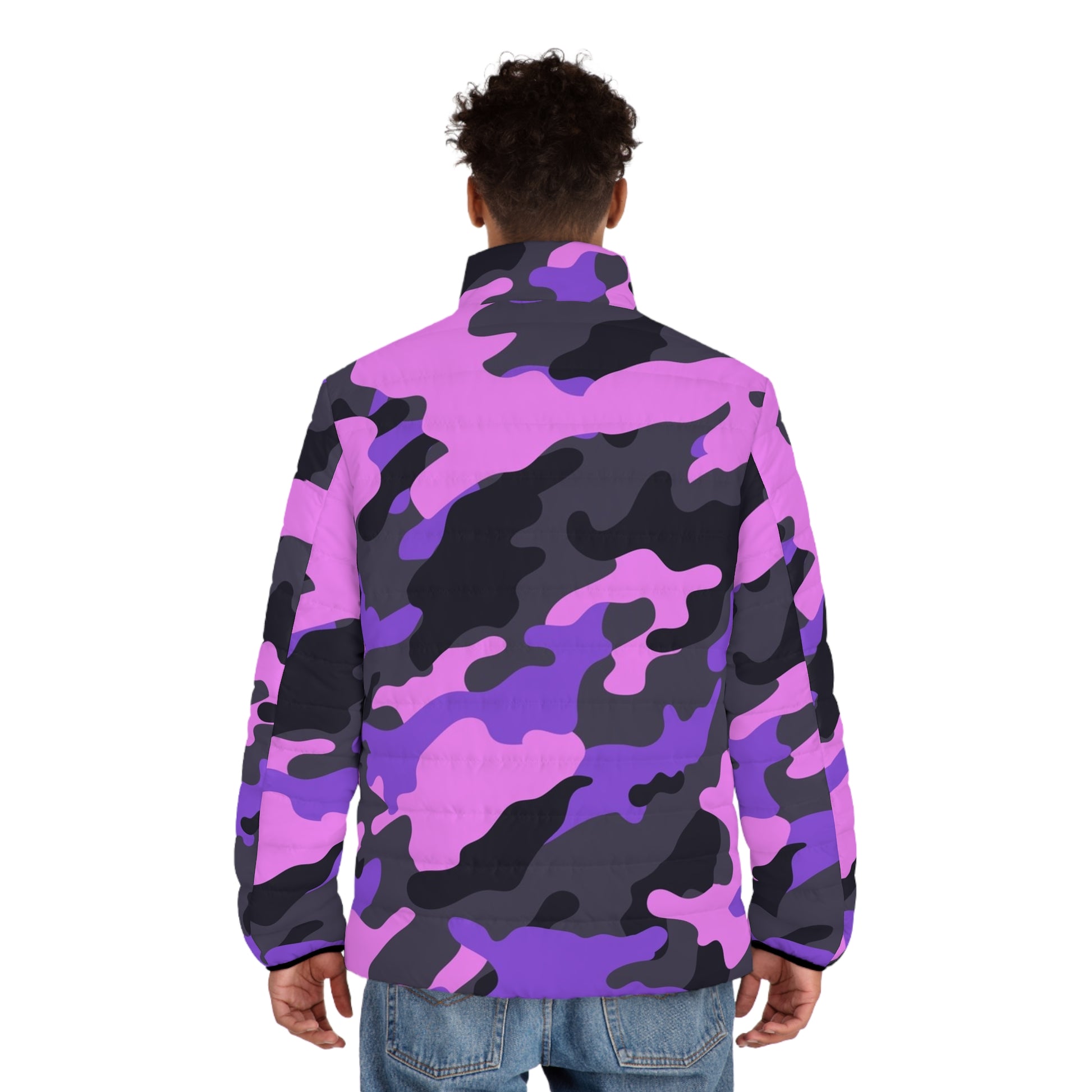 Pink Camo Puffer Jacket For Men | Mixed Black & Indigo