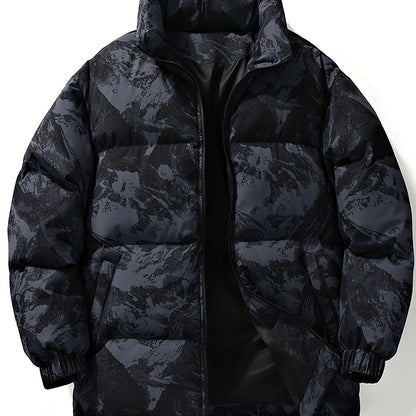 Men's Camo Hooded Puffer Jacket with Zip-Up Front