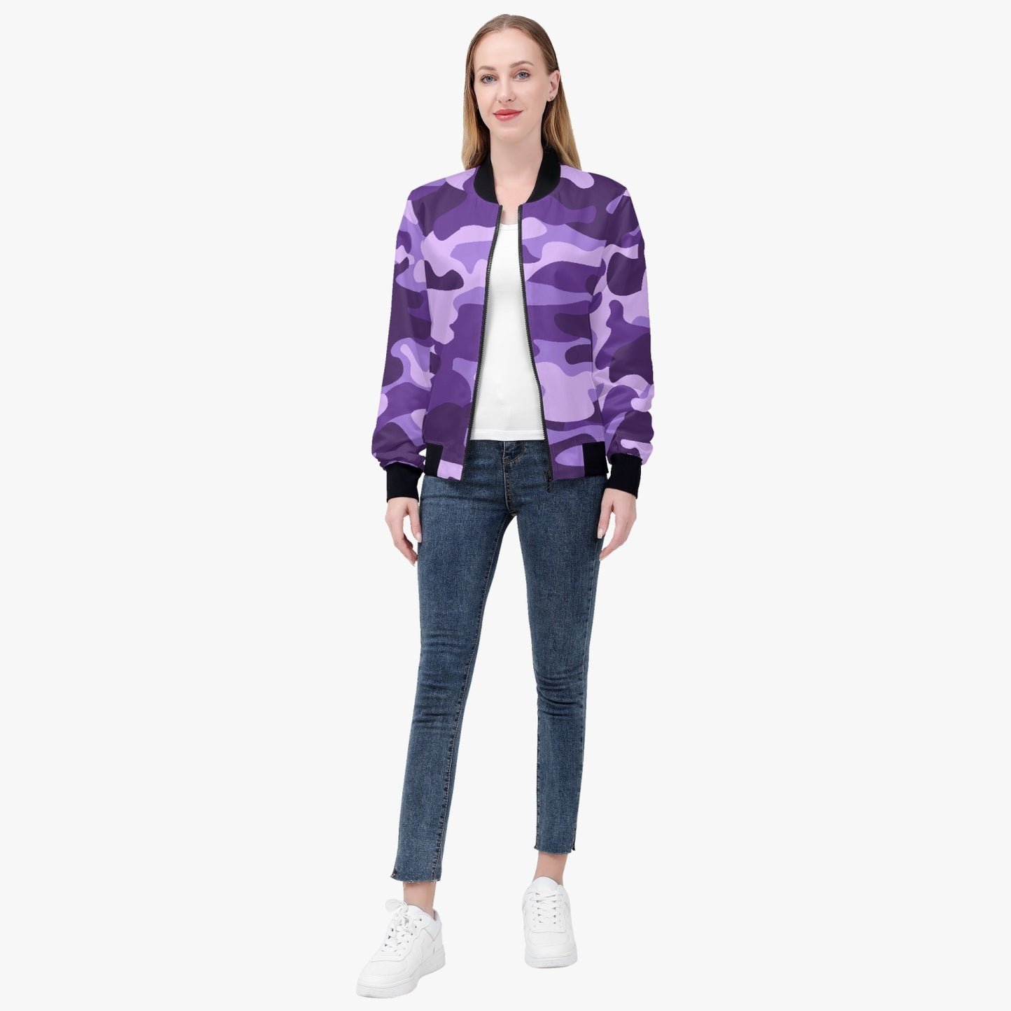 Women's Camo Bomber Jacket | Purple, Blue, and Mauve