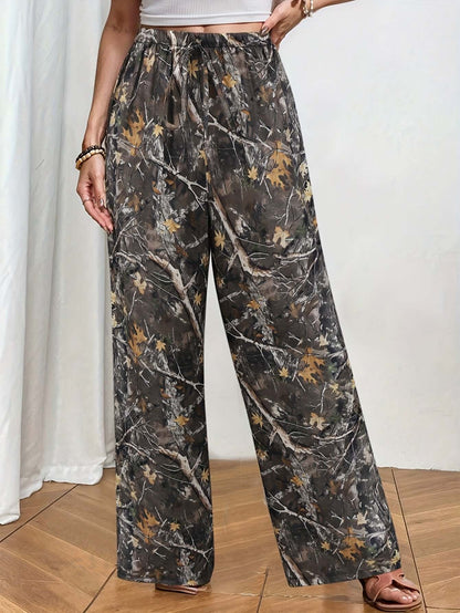 Camo Leaf Print Wide-Leg Pants for Women | Faux Drawstring, High Waist