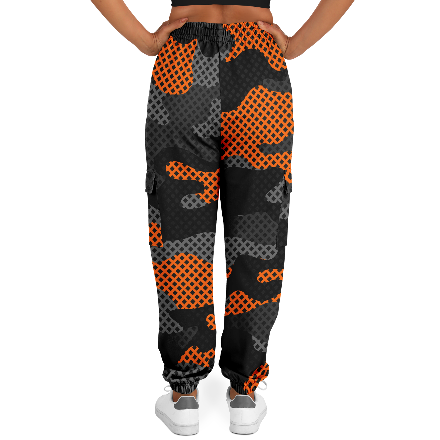 Camo Cargo Pants | Unisex | Black & Orange Pixel Camouflage