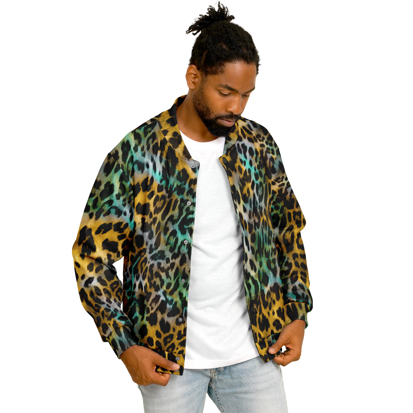 Baseball Jacket in Yellow and Blue Leopard Print