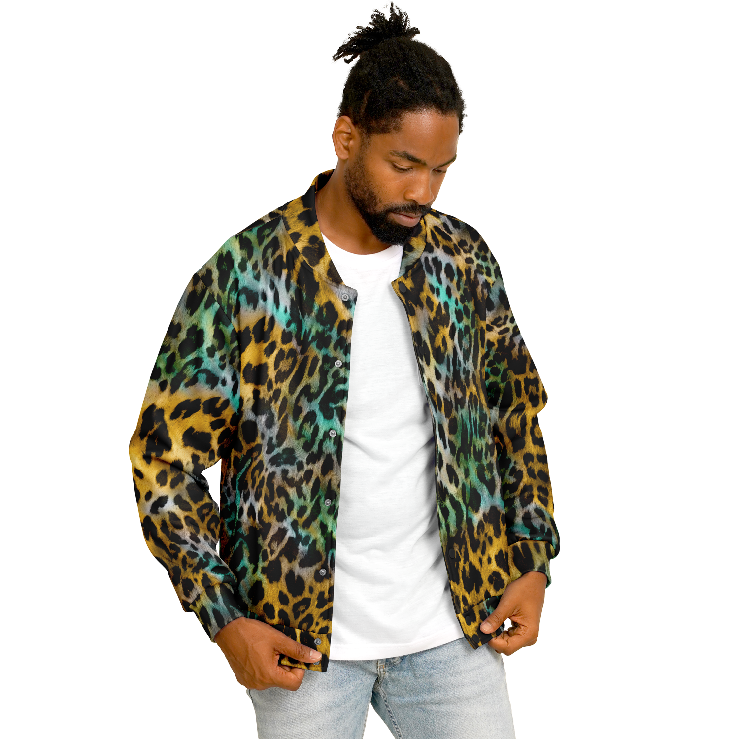 Baseball Jacket in Yellow and Blue Leopard Print