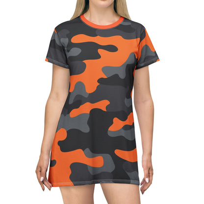 Camo T-Shirt Dress | Orange, Black, and Gray Camouflage