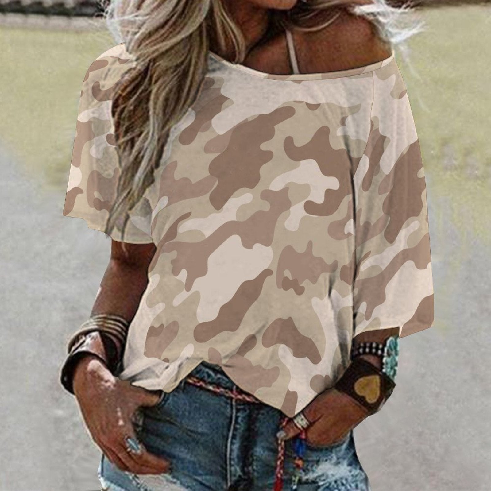 Camo Shirt Off The Shoulder Top Desert Brown