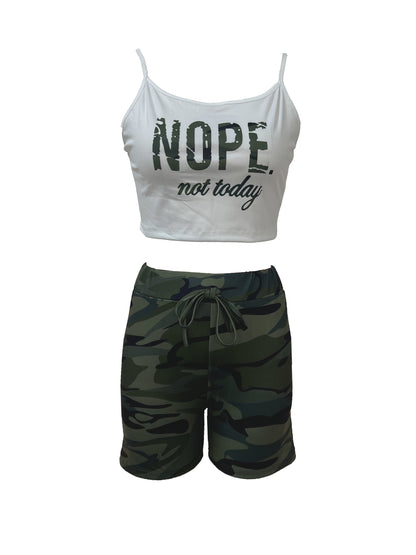 Women's Three-Piece Set: Open Front Coat, Letter Print Cami, Camo Shorts