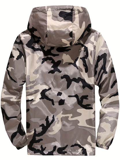 Men's Grey Hooded Zip Up Camouflage Lightweight Jacket