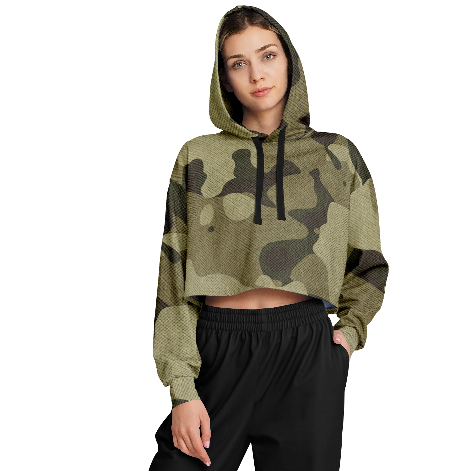 Cropped Hoodie For Women | Green Fabric Camouflage