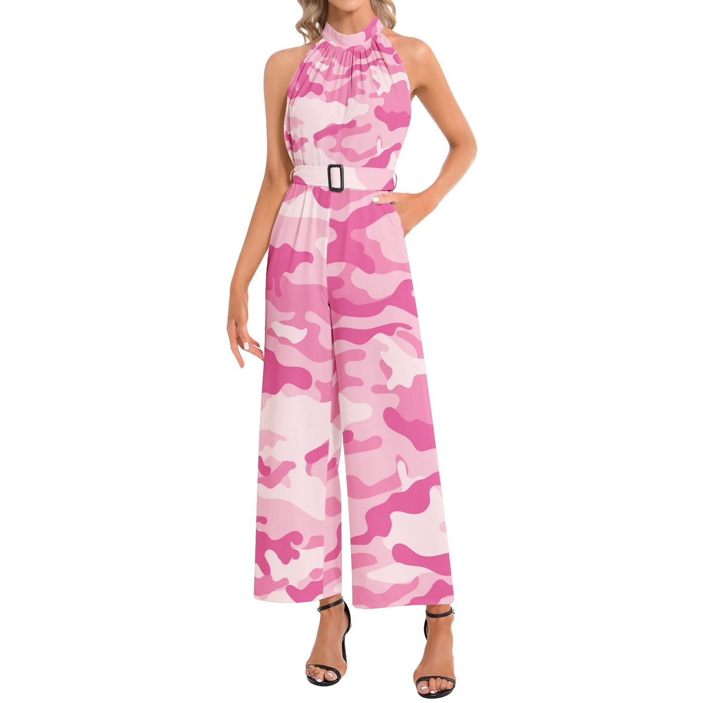 Camo Jumpsuit | Belted Halter Neck | Lavender Pink