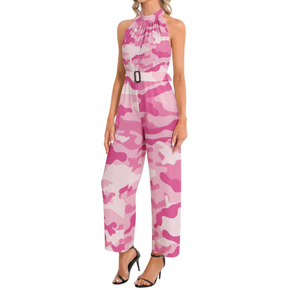 Camo Jumpsuit | Belted Halter Neck | Lavender Pink