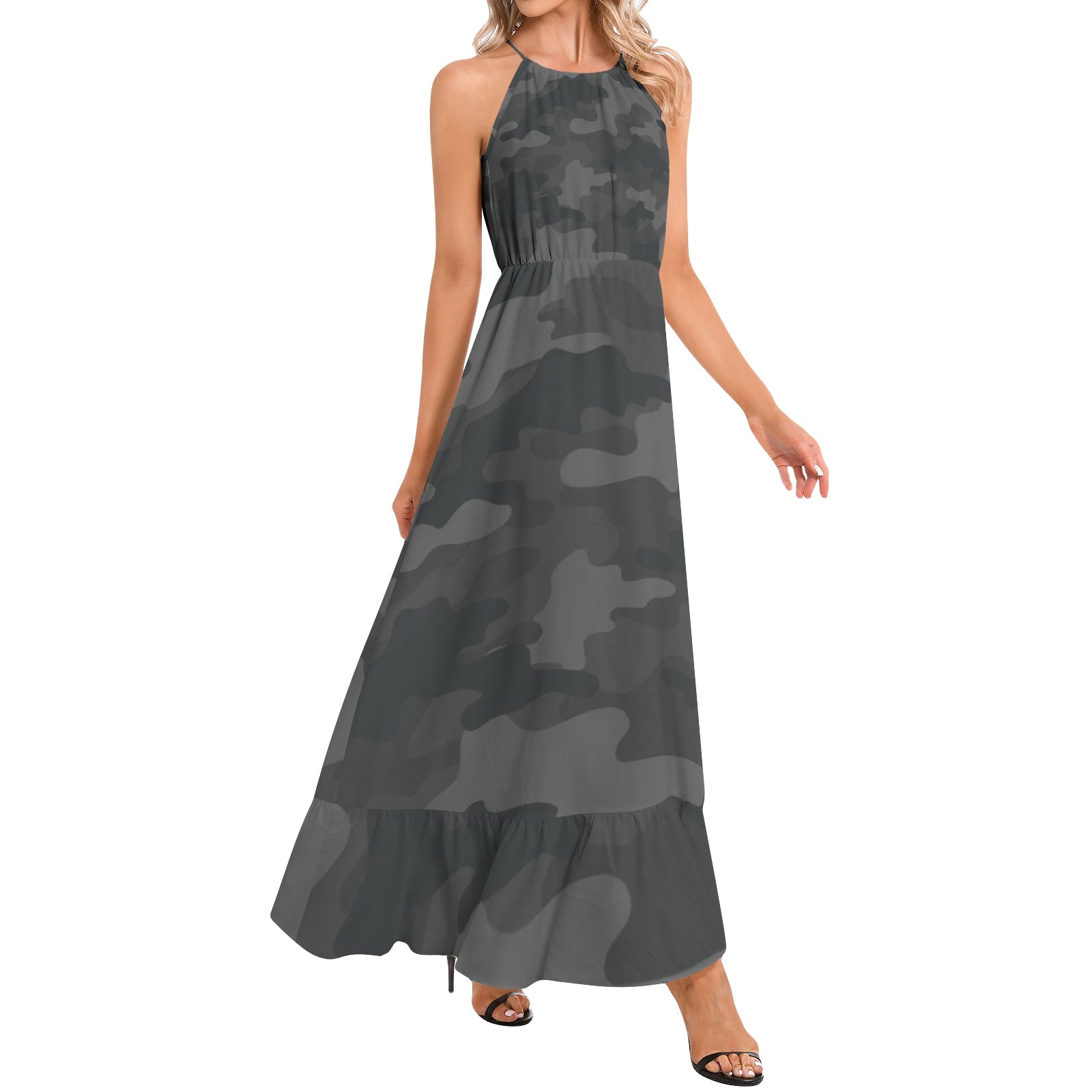 Camo Maxi Dress | Black Camouflage | Ruffle Hem