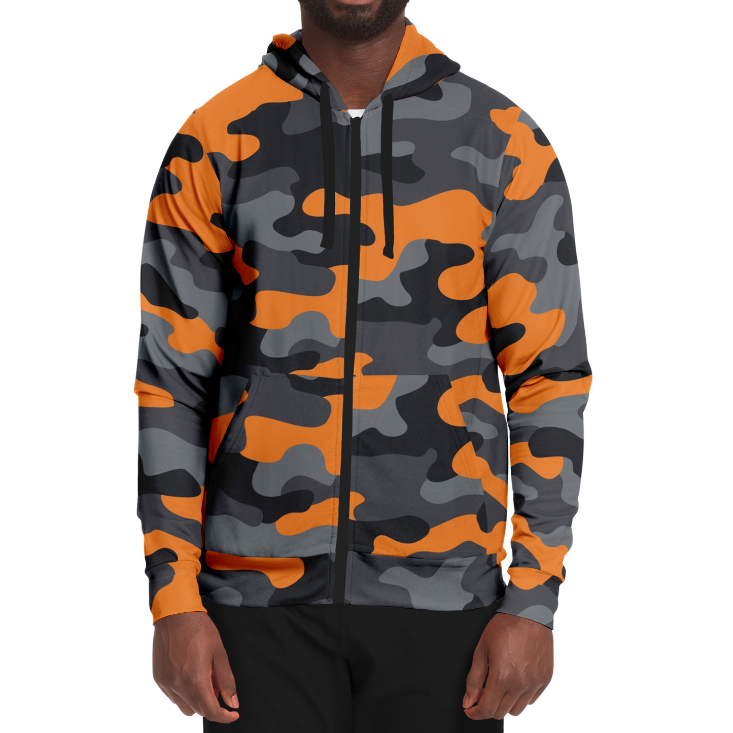 Zip-Up Hoodie | Orange, Black, and Gray Camouflage