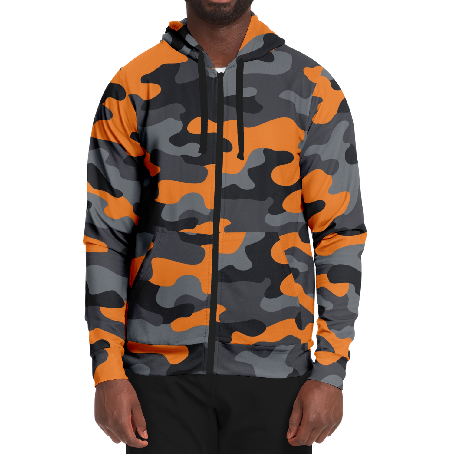 Zip-Up Hoodie | Orange, Black, and Gray Camouflage