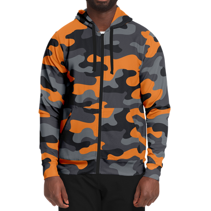 Zip-Up Hoodie | Orange, Black, and Gray Camouflage