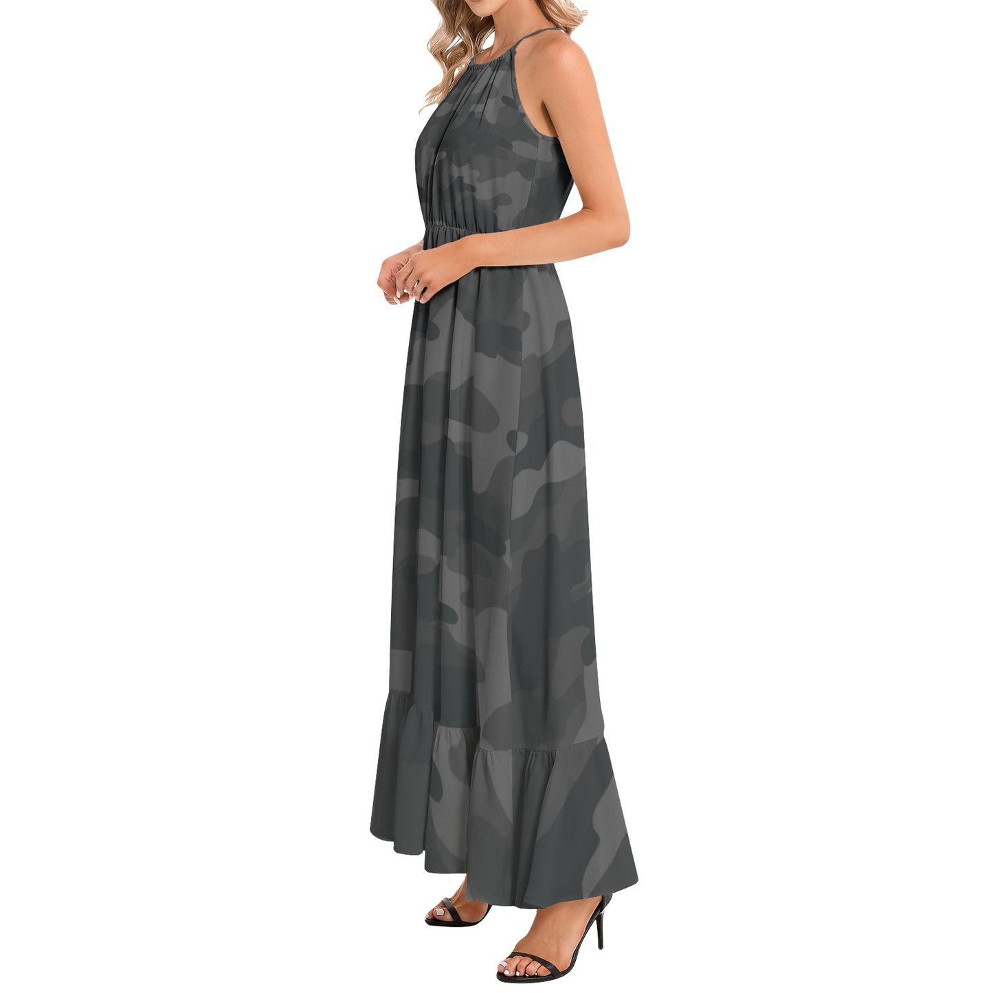 Camo Maxi Dress | Black Camouflage | Ruffle Hem