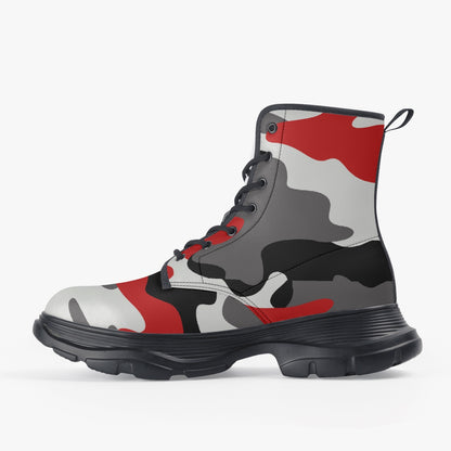 Chunky Boots | Leather in Red, Black, & White Camouflage