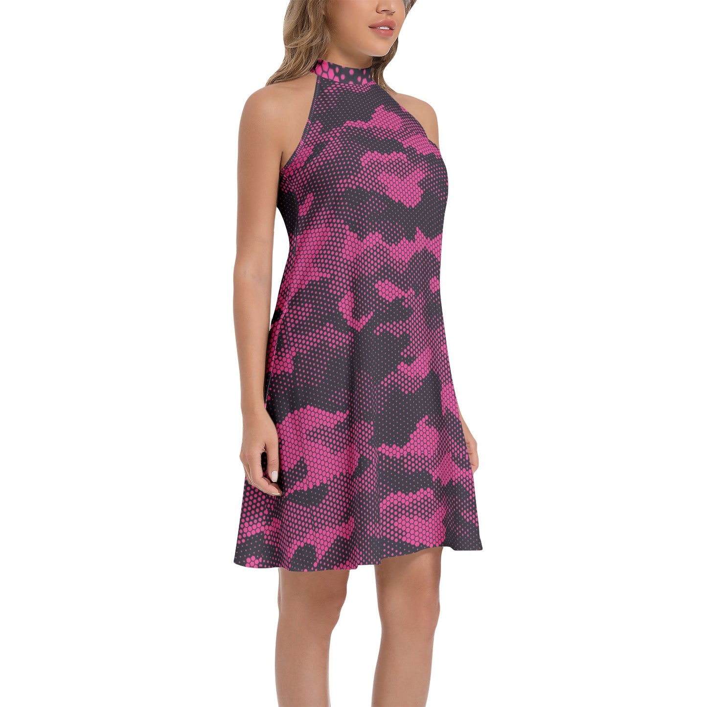 Flared Camo Dress | Halter Neck | Digital Pink Camouflage