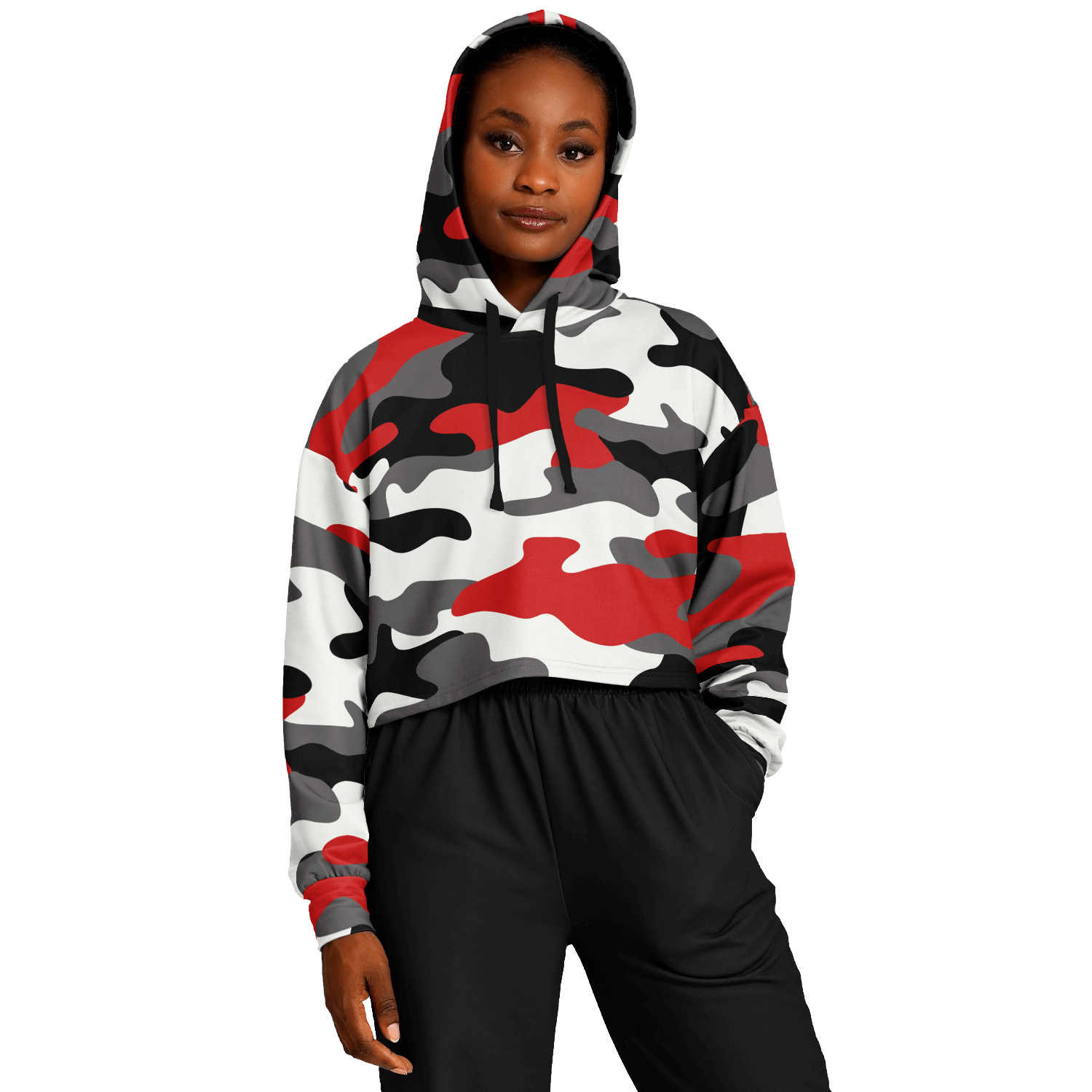 Cropped Hoodie For Women | Red, Black & White Camouflage