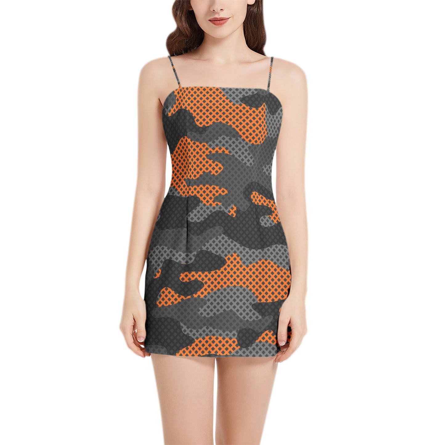 Camo Mini Dress | Spaghetti Strap | Orange and Black Pixel Camouflage