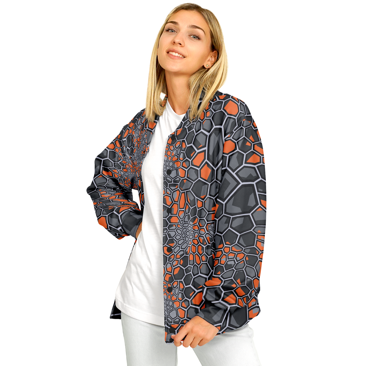 Baseball Jacket | Geometric Camo in Orange, Gray & Black