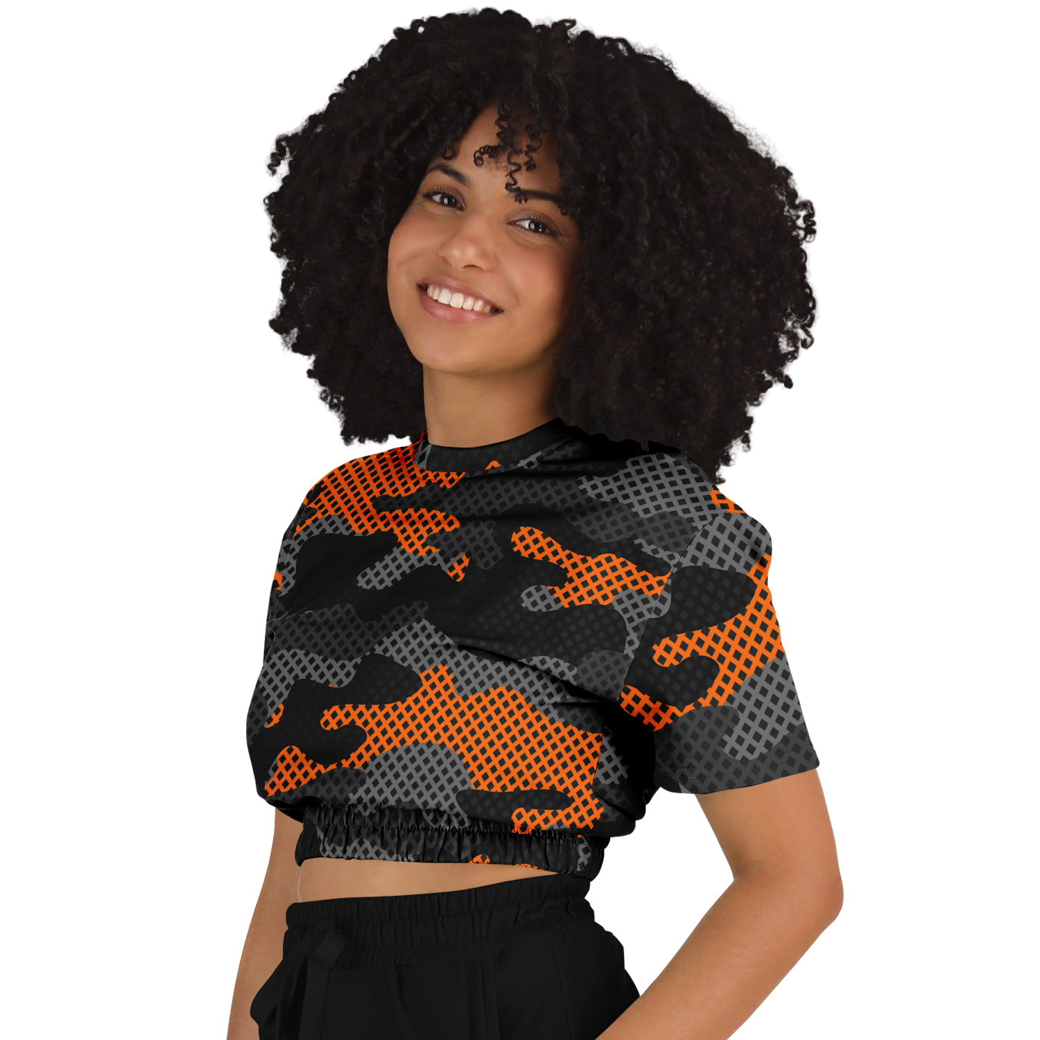 Camo Crop Top Sweatshirt | Black & Orange Pixel Pattern