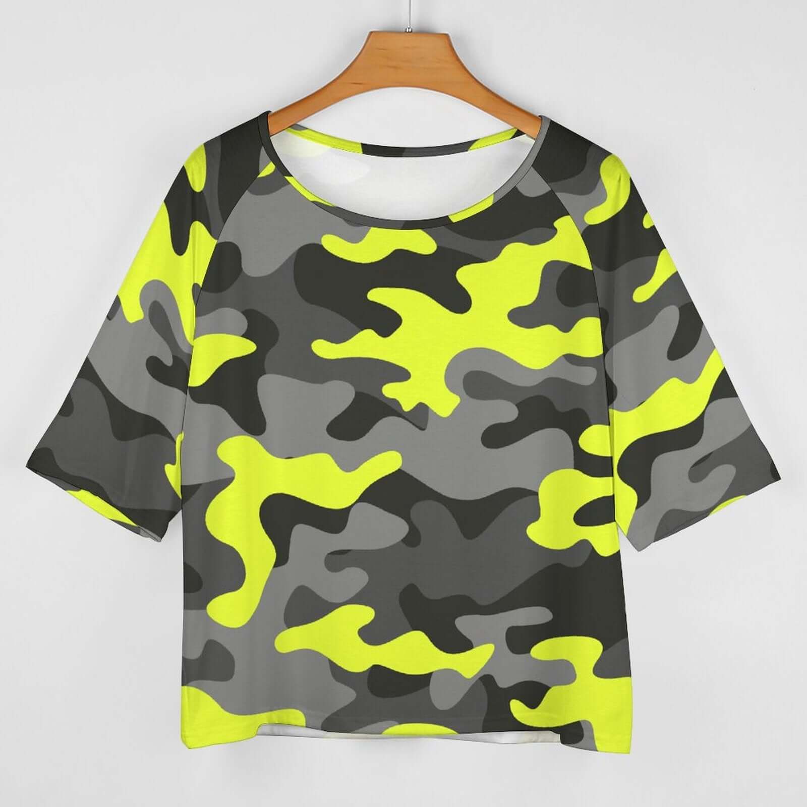 Off The Shoulder Top | Black, Gray & Yellow Camo Shirt