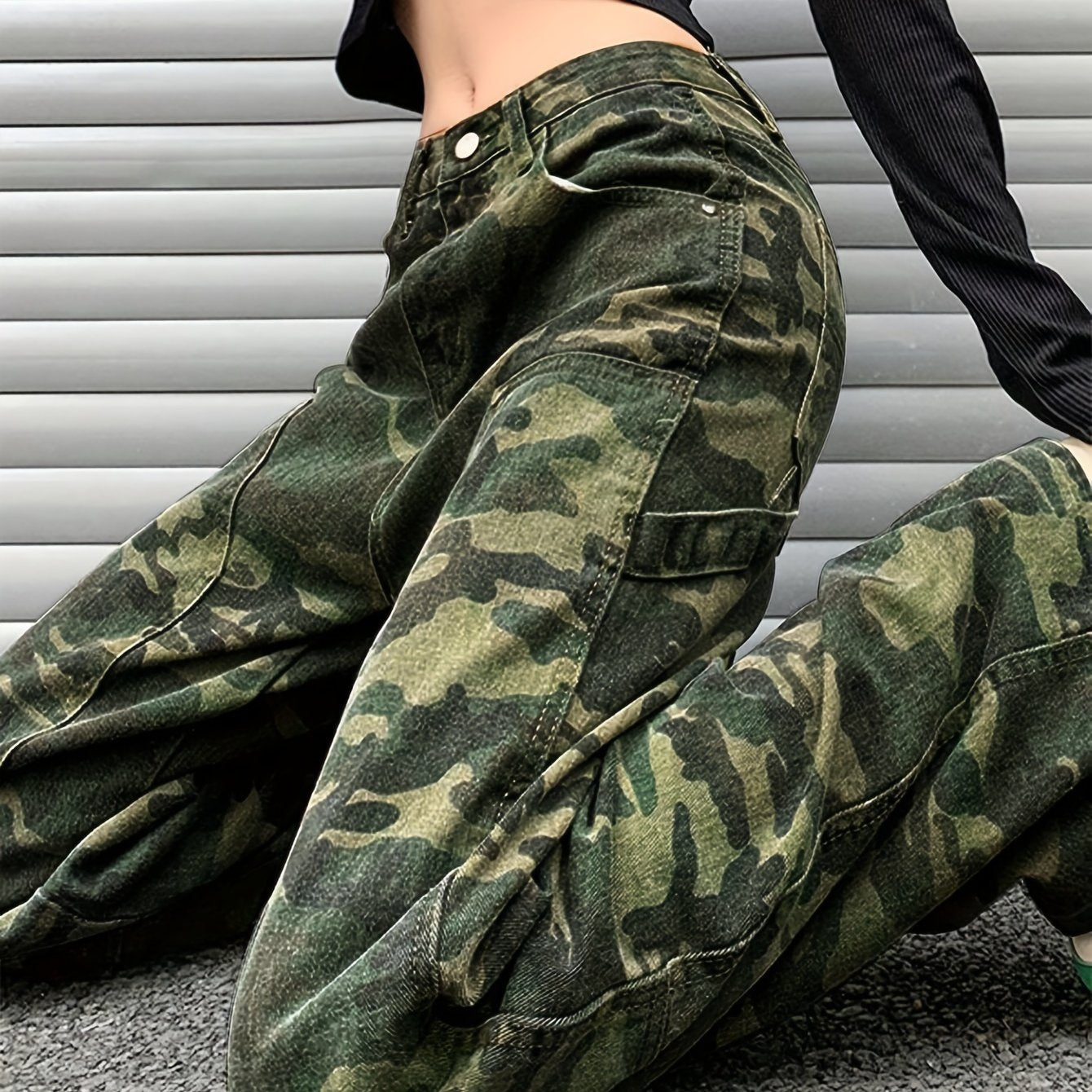 Women's Camo Print Cargo Jeans | Street Style Denim Pants